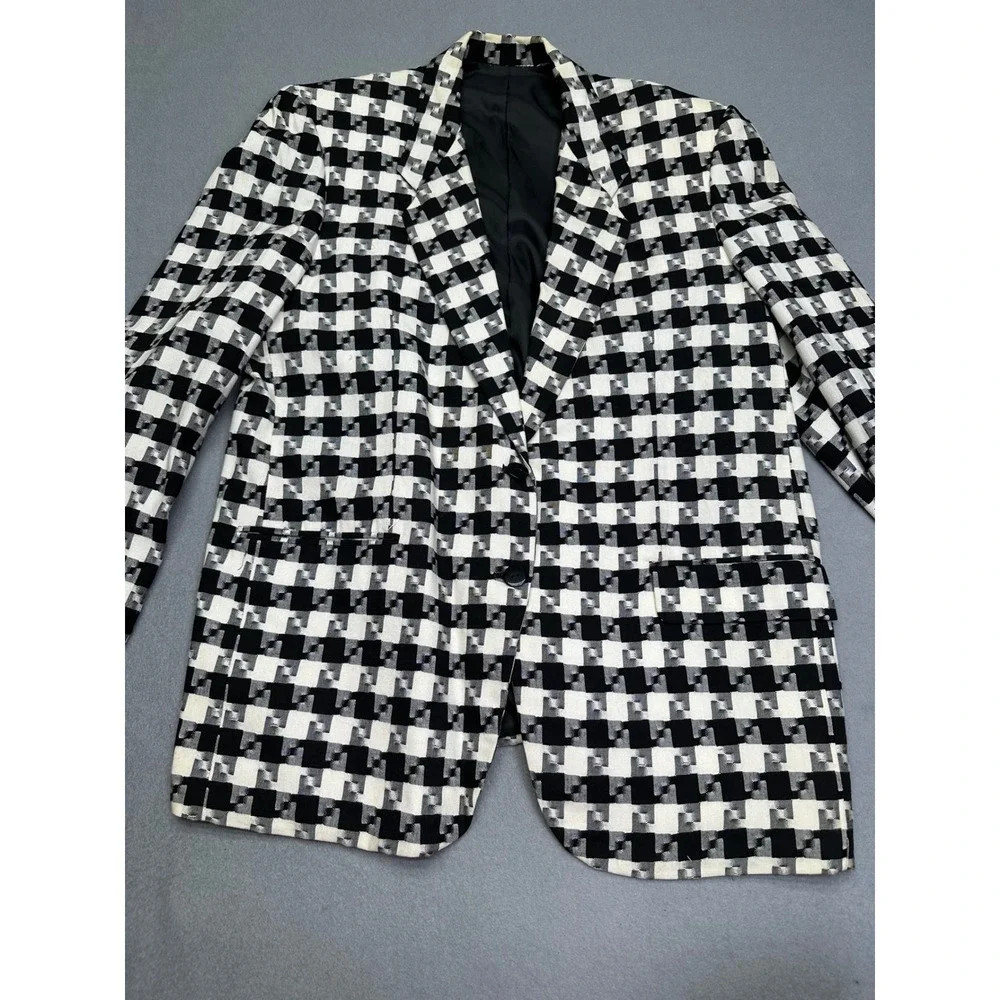 Saint Pierre Vintage Black White Geometric Checkered Blazer Jacket Womens XL